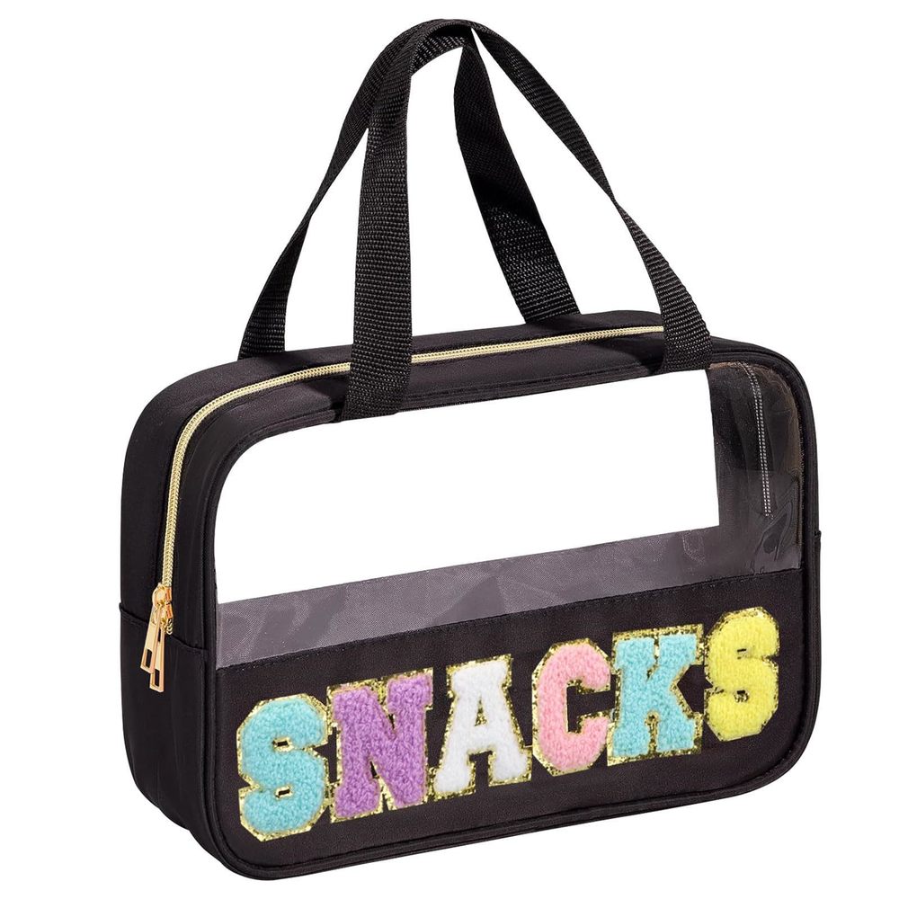 Chenille Letter Clear Snack Bags Makeup Bag, Preppy Cosmetic Bag, Nylon & Pvc😁